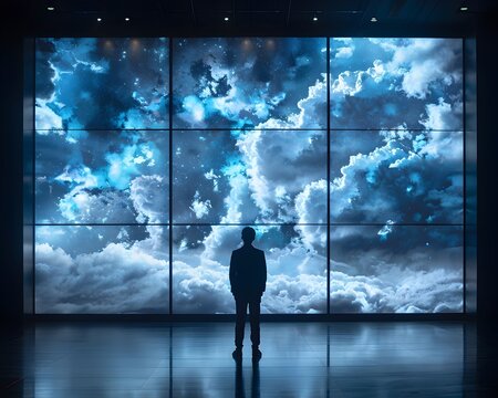 Businessman Observing Futuristic Digital Cloud Visualization Screen in Modern Tech Environment