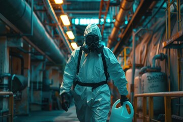 Dedicated chemical exterminator, clad in a hazmat suit, carefully carrying a gallon of chemicals out of a factory