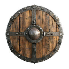 Fototapeta premium Retro Viking shield on white background historical and traditional design authentic and rustic appearance wooden shield with metal details ancient warrior symbol classic and iconic weaponry