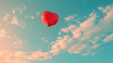Obraz premium Heart Shaped Balloon Floating in Soft Pastel Sky with Wispy Clouds Whimsical and Romantic Love Concept