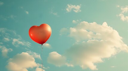 Fototapeta premium Heart Shaped Balloon Floating in Soft Dreamy Sky with Wispy Pastel Clouds Romantic Love Concept with Copy Space
