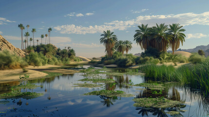 Obraz premium Desert Oasis with Unique Symbiotic Relationship of Unusual Plants and Exotic Animals