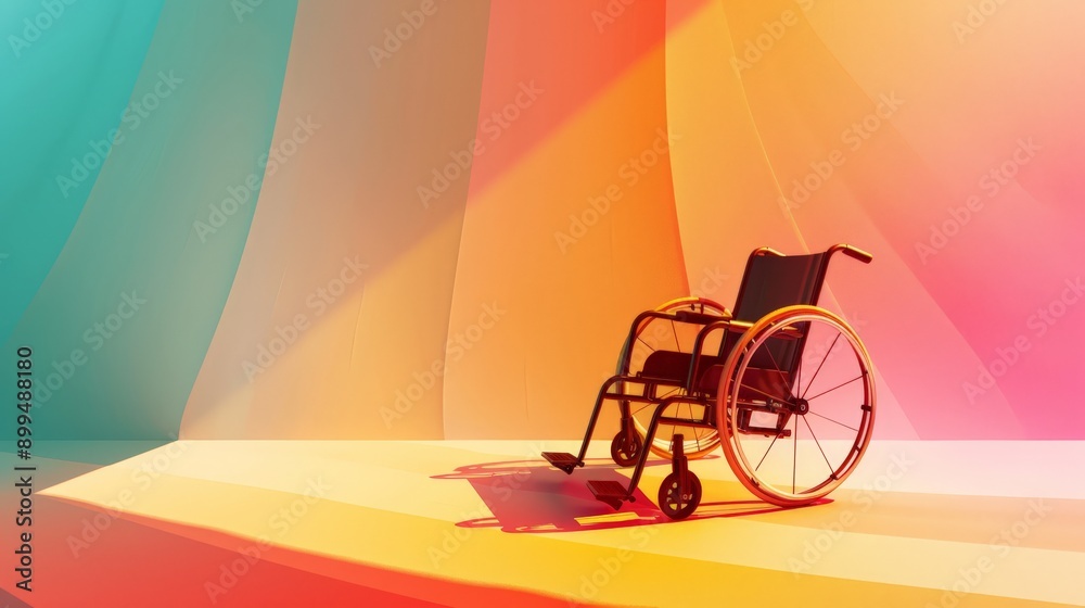Poster Empty wheelchair in a colorful studio with vibrant lighting. Artistic representation of disability and accessibility.