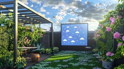 rooftop garden set up for a virtual meeting with a screen showing cloud graphics symbolizing network connectivity