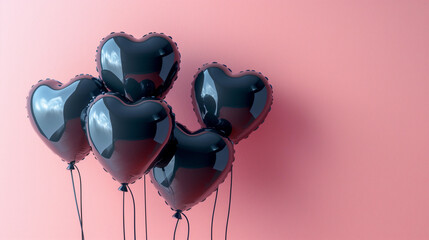 Lux black heart floating foil balloons pink pastel wall romantic love decor edgy gothic valentines day celebration urban aesthetic bold contrast design background party decoration copy space banner