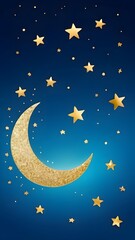 Naklejka premium A gradient background transitions from blue to a darker shade, adorned with tiny golden glitter, a crescent moon, and twinkling stars.