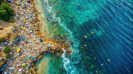 Aerial view of polluted sea with garbage, plastic waste, and oil spills, pollution, ocean, environmental