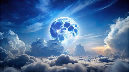 Scenic landscape with a full moon shining through fluffy clouds , moon, clouds, night, sky, stars, serene, tranquil