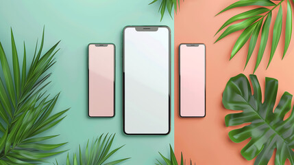 Device UI/UX Mockup for Presentation Template: Mockup of device UI/UX templates for presentations, featuring cellphone frames with blank transparent screens isolated on a background with shadows.