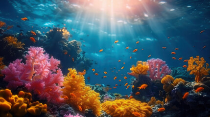 Fototapeta premium Colorful coral reef with diverse marine life, illuminated by sunlight penetrating the water's surface.