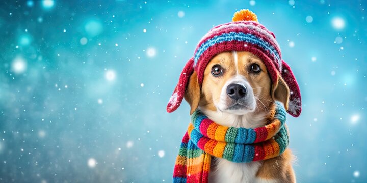 Adorable dog in colorful winter hat and scarf standing in snow with snowflakes falling, dog, winter, hat, scarf, vibrant sky, colorful