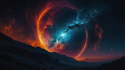 A vibrant, glowing nebula illuminating a barren moon