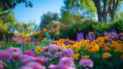 Obraz premium Vibrant Garden with Colorful Flowers and Playful Elements Bringing Joy and Happiness