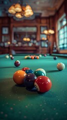 A cozy room with a billiards table, old-fashioned wood walls, and scattered balls invites a game in progress or about to begin.