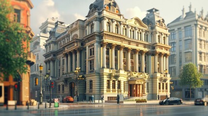 Naklejka premium City street image features a classic building in older European style. Peaceful spring afternoon setting with pedestrians, cars, and modern elements, showcasing historical and architectural diversity.