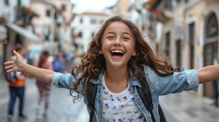 A joyous young girl, in a jean jacket with brown hair flowing, smiles wide in an illuminated city street at night, exuding freedom and happiness with arms spread out.