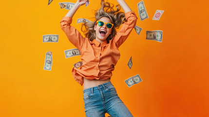 Excited woman throwing money celebrating financial success