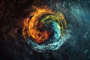 A breathtaking creative design showcasing the four elements of nature: Earth, Wind, Fire, Air, and Water, integrated into a circular composition. Set against a dramatic dark background