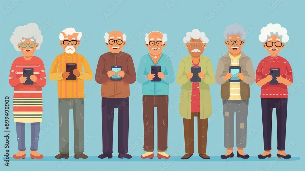 Poster a group of elderly individuals holds devices, happily interacting with technology in a vibrant envir