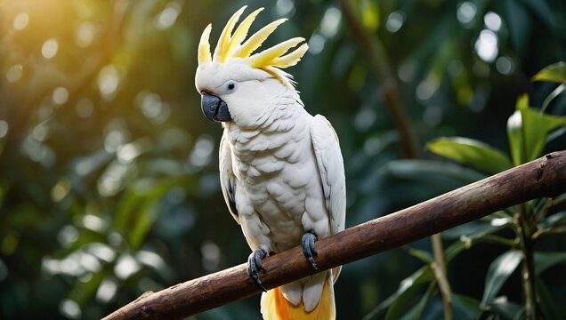 A majestic cockatoo perched on a branch, its vibrant feathers shimmering in the sunlight against a backdrop of lush greenery.