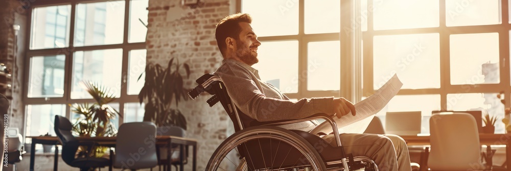 Poster smiling man in a wheelchair holding a document in a sunlit office. promoting positivity and acceptan