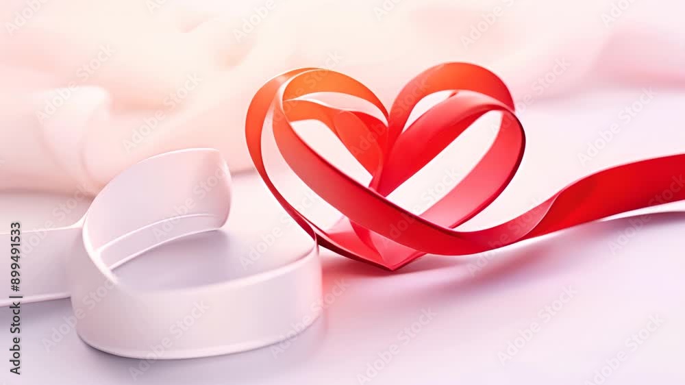 Poster a red ribbon is wrapped around a white ribbon to form a heart shape. the heart is the main focus of 