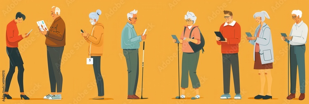 Poster several elderly people interact with various devices in a vibrant setting, showcasing their engageme