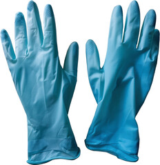 Blue rubber gloves ideal for cleaning, medical or laboratory use, isolated on a white or transparent background