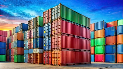 Fototapeta premium Colorful stack of shipping containers in a dockyard setting, shipping containers, cargo boxes, industrial, port