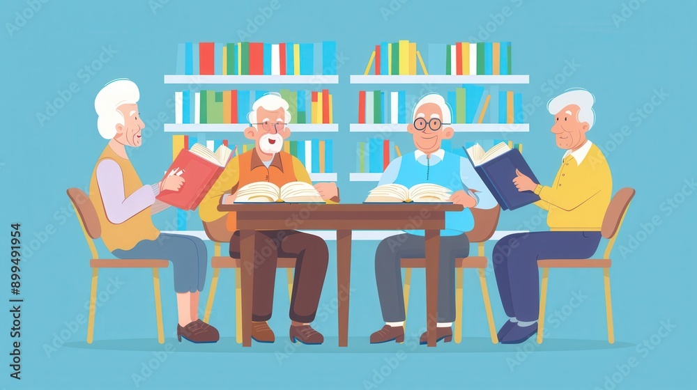 Poster A group of elderly people studies foreign languages together, using textbooks and dictionaries in a warm, inviting library environment. Generative AI