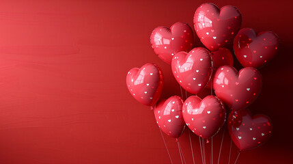Red heart-shaped balloons with white confetti on bright red background valentines day party romantic celebration love wedding anniversary festive decor minimal helium copy space cheerful modern design