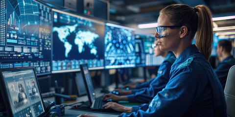 Government agency team working on computers and analyzing data in a modern monitoring room with big digital screens