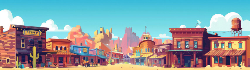 Colorful Western Town With Desert Landscape and Cacti Under Bright Blue Sky