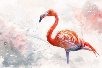 Vibrant watercolor painting of a flamingo, gracefully standing against a clean white background. This artistic wildlife piece blends abstract brush strokes with realistic details