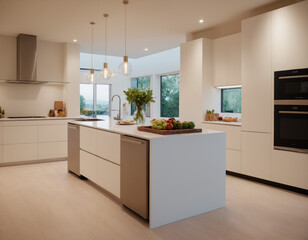 Fototapeta premium Modern Kitchen Interior with White Cabinets, Island, and Pendant Lighting