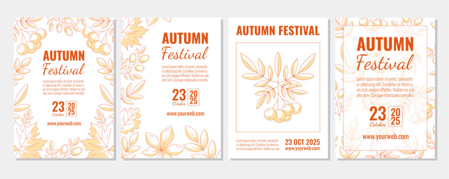 Set of autumn vertical a4 posters, abstract fall leaves frame or pattern. Monochrome orange vector illustration for social media, postcard, invitation, banner, festival, flyer, party or advertising.