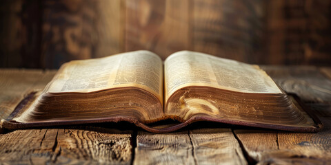 Open antique book lying on rustic wooden tabletop