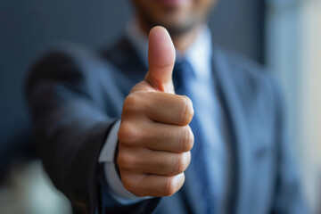 Close-up illustration of a businessman showing a thumb up to empty space from the front view, ideal for corporate presentations and professional approval gestures.
