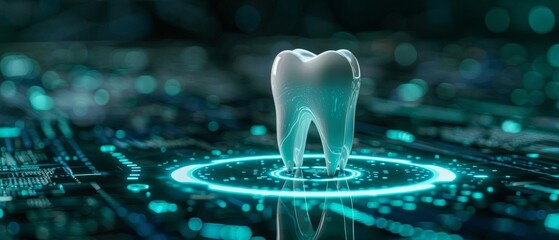 A futuristic depiction of a tooth standing on a glowing circuit board, symbolizing dental technology and advancements in digital healthcare.