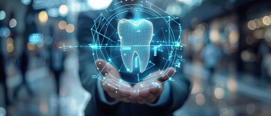 A futuristic hologram of a tooth in a person's hands, symbolizing advanced dental technology and innovation in oral health care.