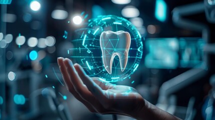 Futuristic dental technology concept showcasing a 3D holographic tooth held by a hand with modern digital elements in the background.
