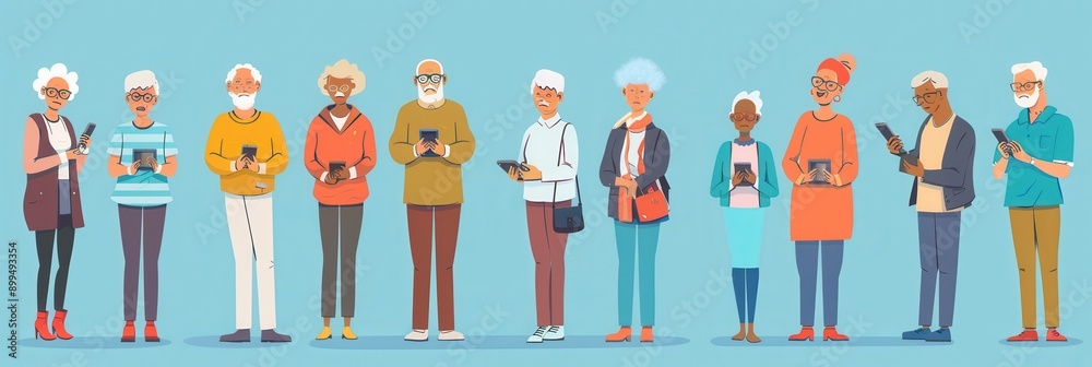 Poster a diverse group of elderly individuals is actively using their mobile devices while standing togethe
