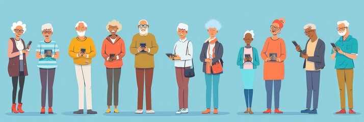 A diverse group of elderly individuals is actively using their mobile devices while standing together in a brightly colored indoor area. Generative AI