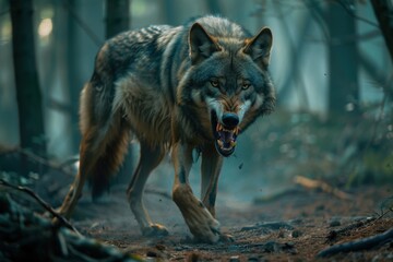 Fototapeta premium Fierce lone wolf prowling through a forest trail, displaying bared teeth and a confrontational stance, prepared to defend itself 