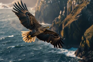 Obraz premium A magnificent white-tailed eagle soaring over a coastal landscape, with cliffs and ocean waves in the background.