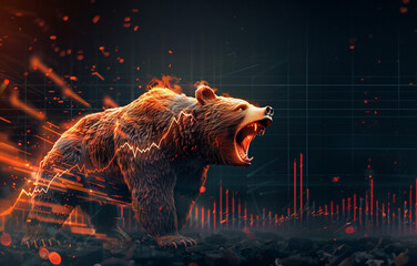 Stock market down trend, a bear market concept with stock chart digital numbers crisis red price drop arrow down chart fall / stock market bear finance risk trend investment , Roaring bear