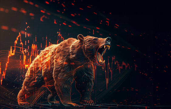 bear market concept with stock chart digital numbers crisis red price drop arrow down chart fall / stock market bear finance risk trend investment , Roaring bear - Powered by Adobe