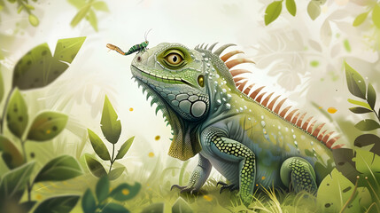 Green Iguana with Grasshopper on Head in Lush Jungle Illustration