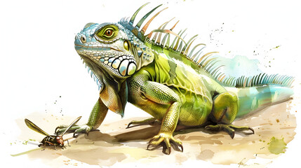 Obraz premium Green Iguana Watercolor Illustration