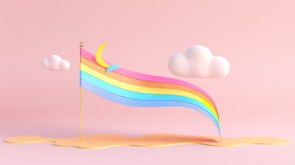 3d render of abstract colorful LGBT Pride rainbow flag community sign. cartoon cute illustration on pink background.